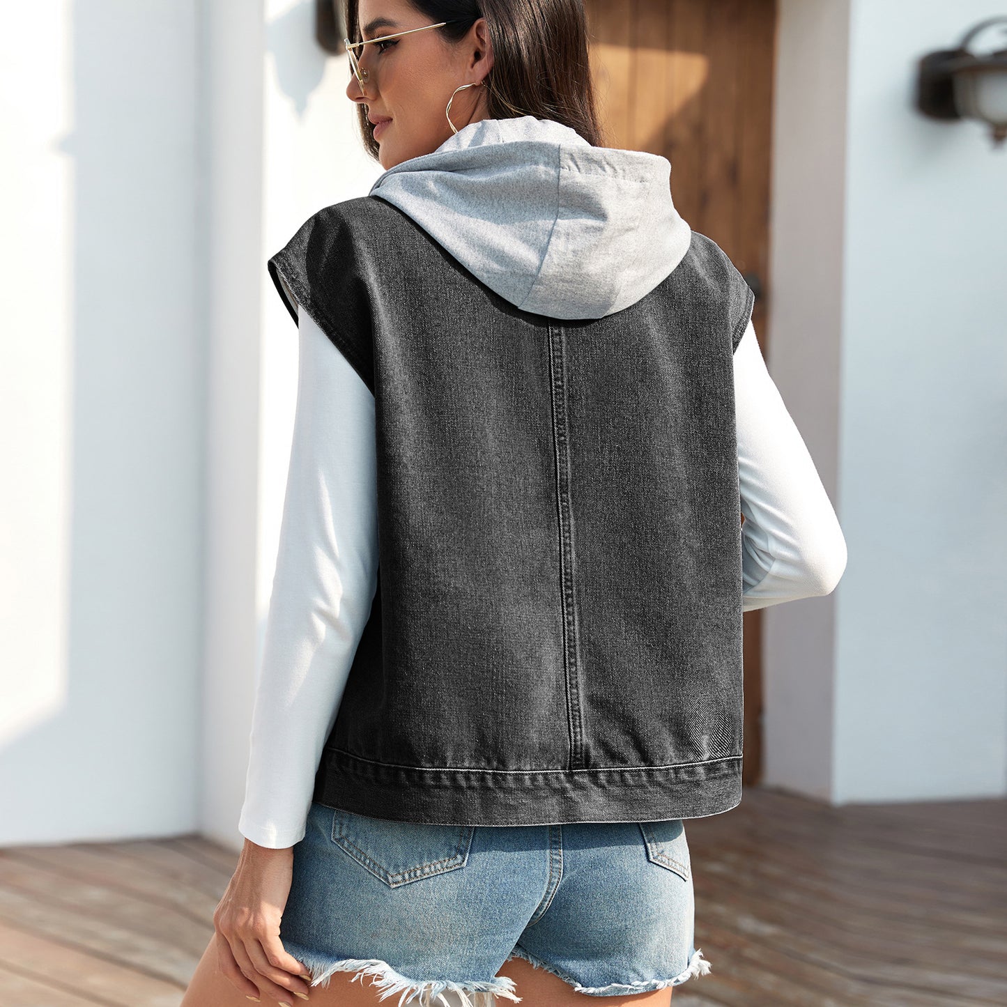 Double Pocket Sleeveless Denim Jacket with Detachable Hood