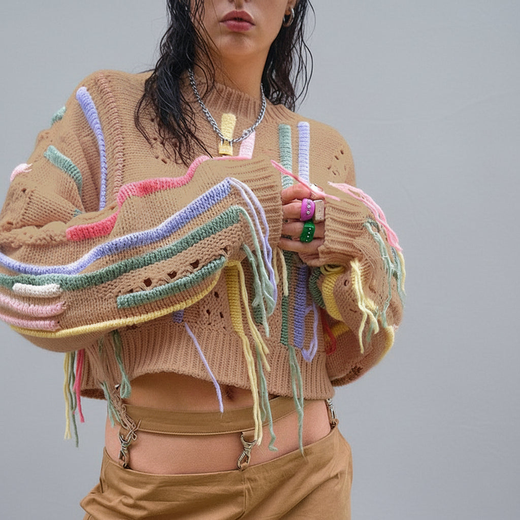 Distressed Cropped Knit Sweater