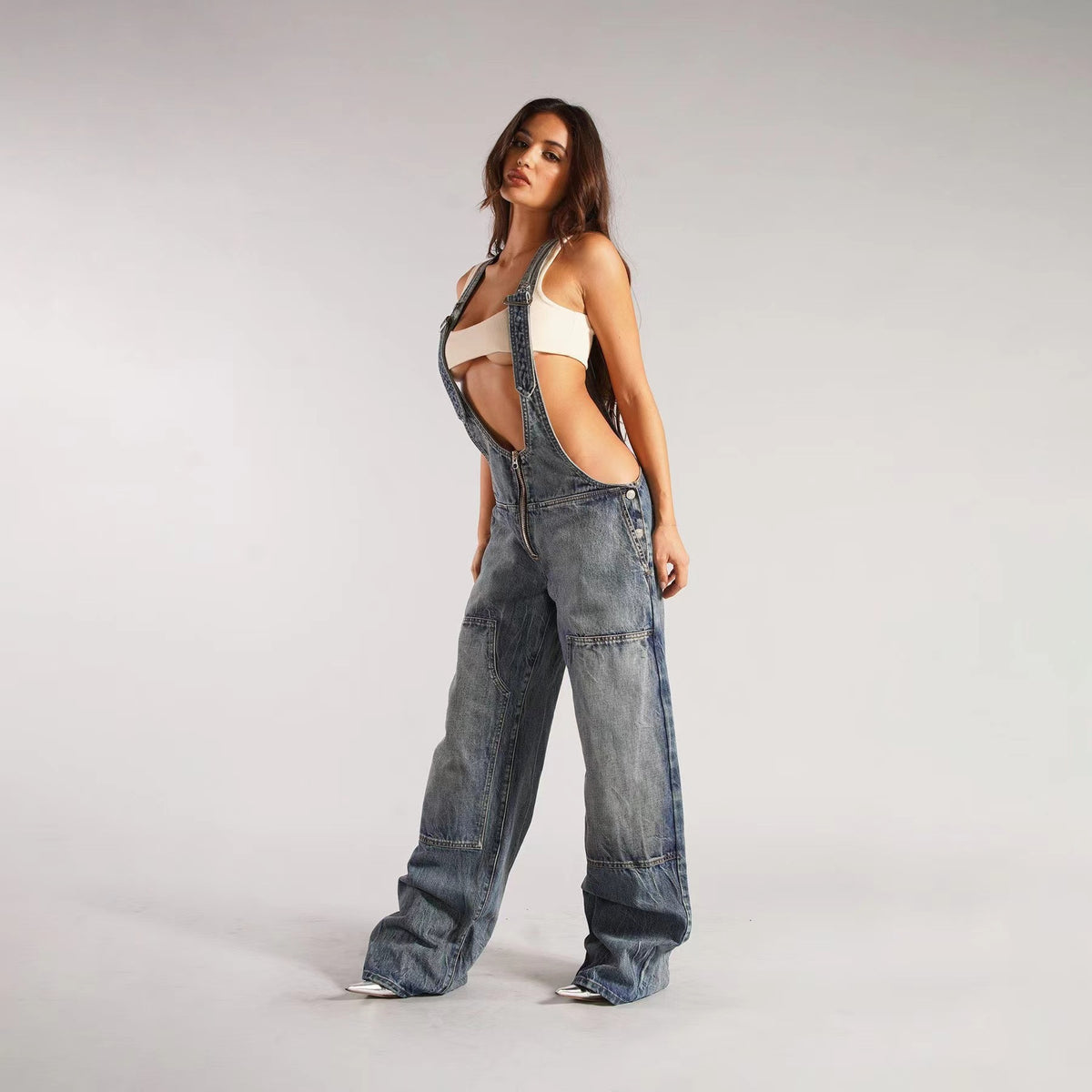 Denim Plunge Overalls