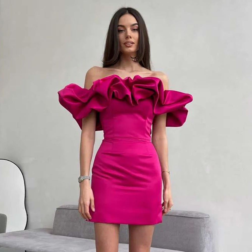 Satin Off-Shoulder Ruffle Mini Dress