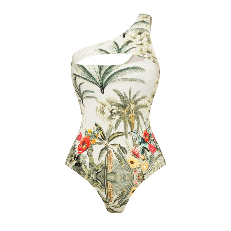 Two-Piece One-Shoulder Cutout Tropical Print Swimsuit with Skirt