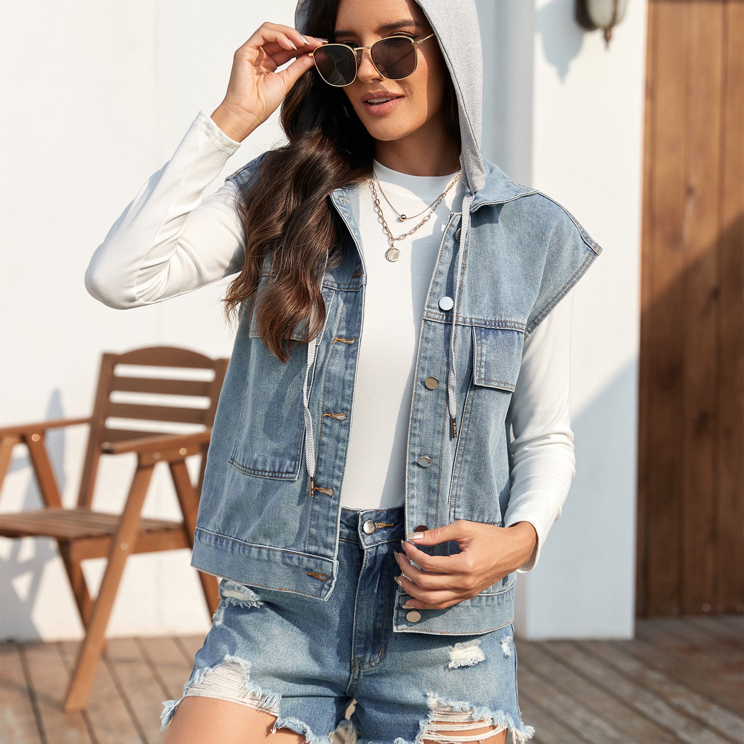 Double Pocket Sleeveless Denim Jacket with Detachable Hood