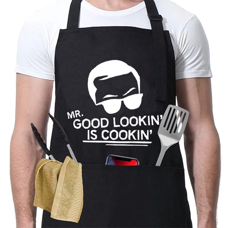 Kitchen BBQ Letter Print Apron with 3 Pockets and Adjustable Neck Strap, Water Resistant