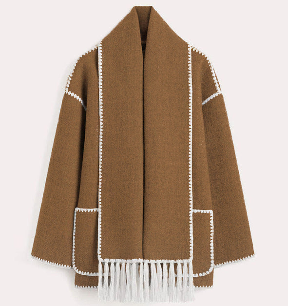 Draped Wool-Blend Coat with Fringed Scarf