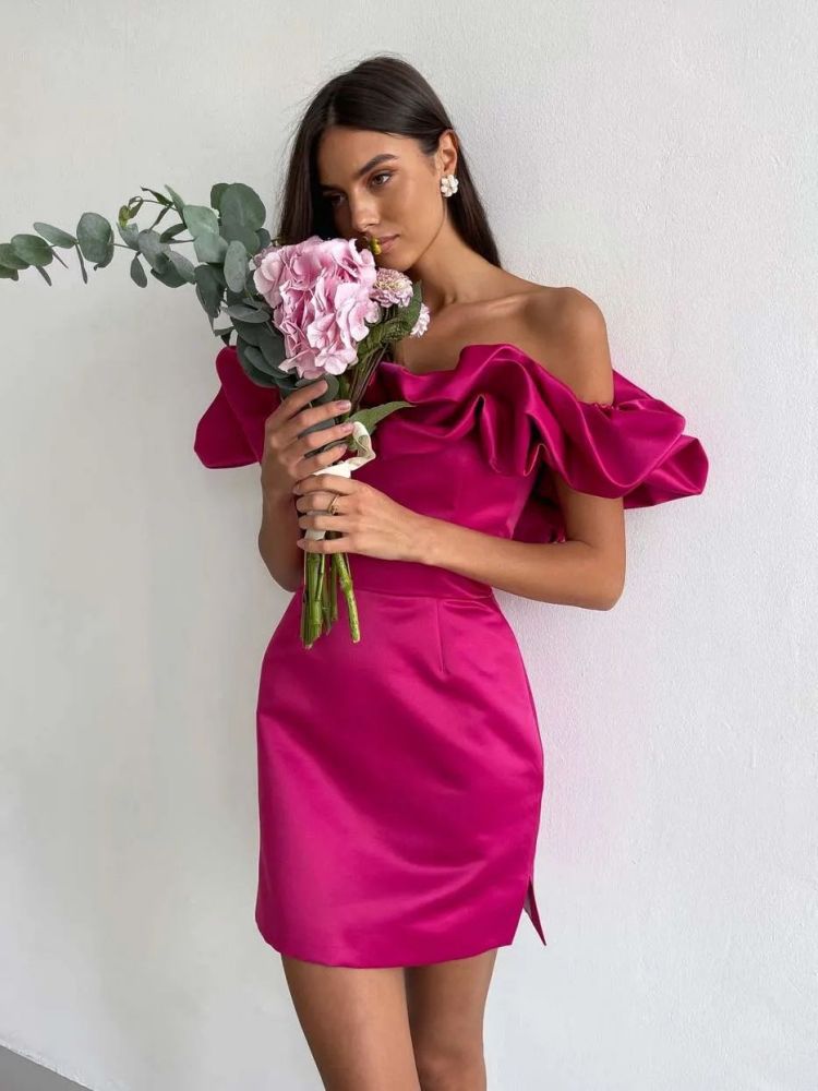 Satin Off-Shoulder Ruffle Mini Dress