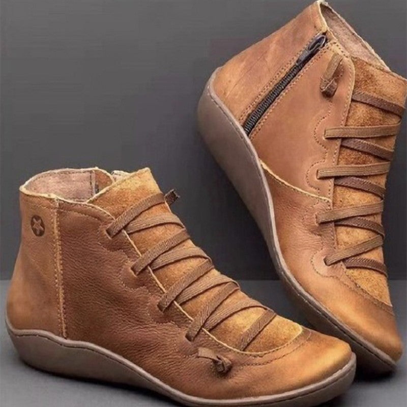 Side Zipper Flat Leather Boots