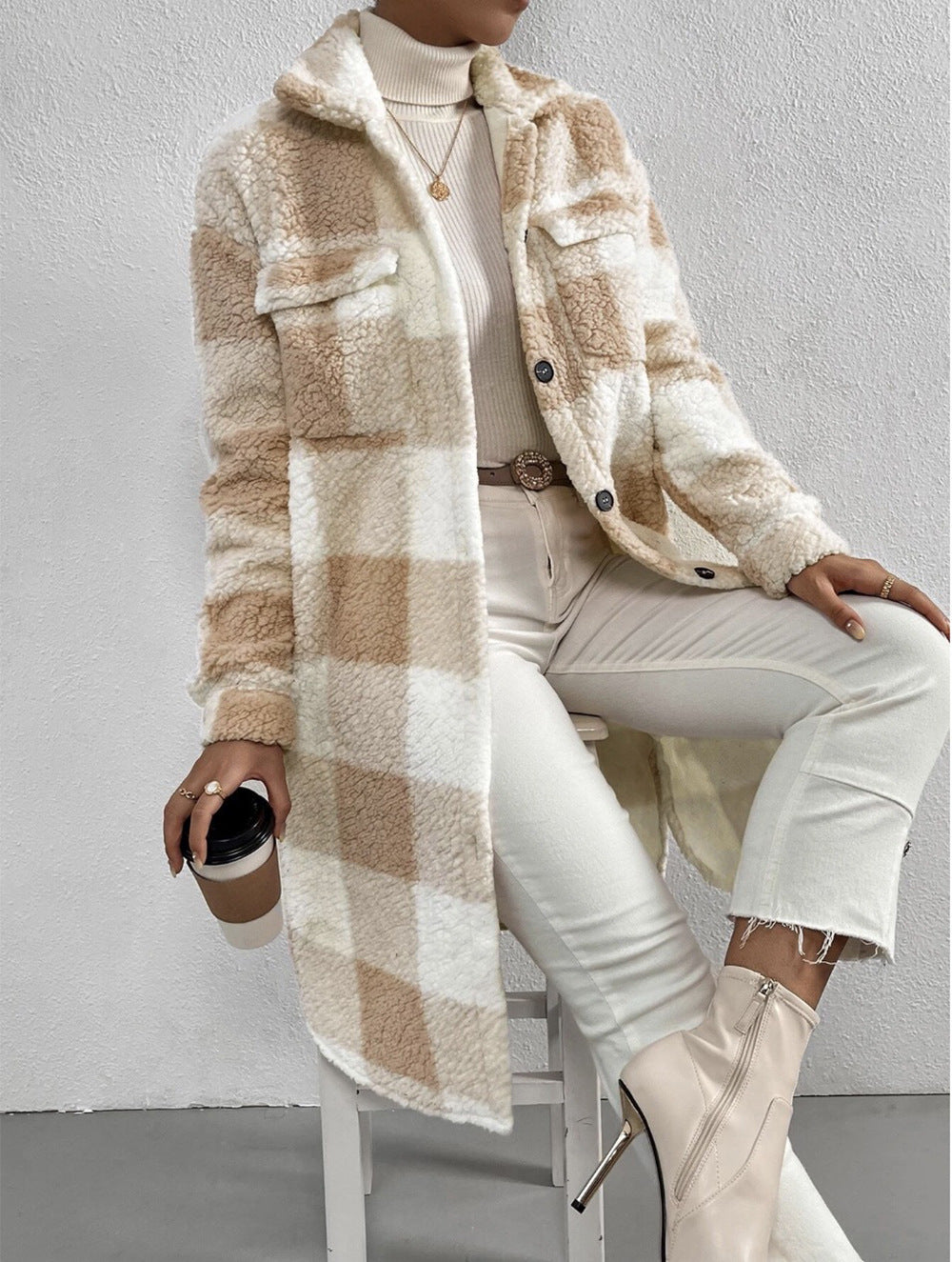 Open Button Lapel Plush Plaid Long Coat