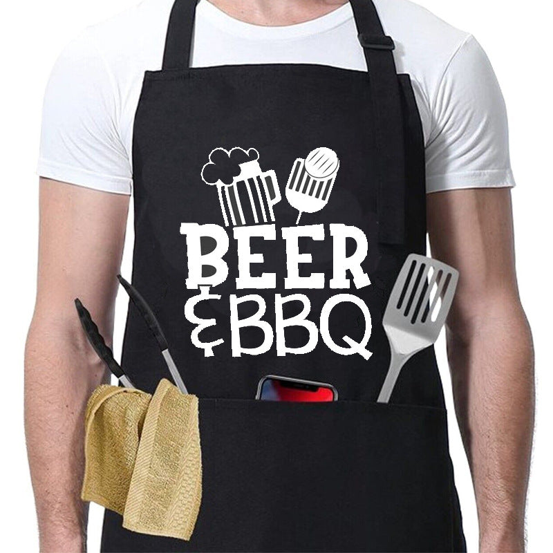 Kitchen BBQ Letter Print Apron with 3 Pockets and Adjustable Neck Strap, Water Resistant