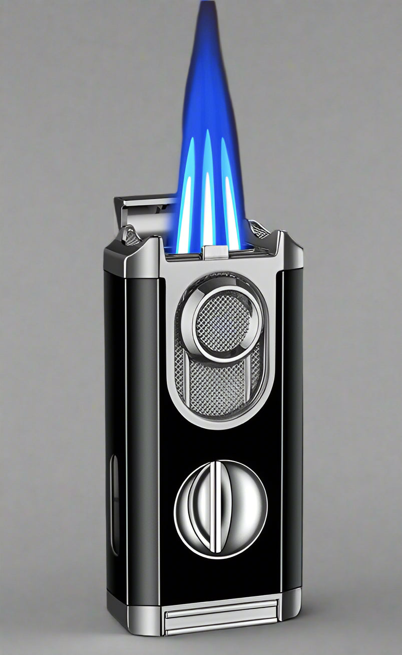 3-in-1 Cigar Lighter, Wind Resistant Jet Flame with Built-in V-cut Cigar cutter