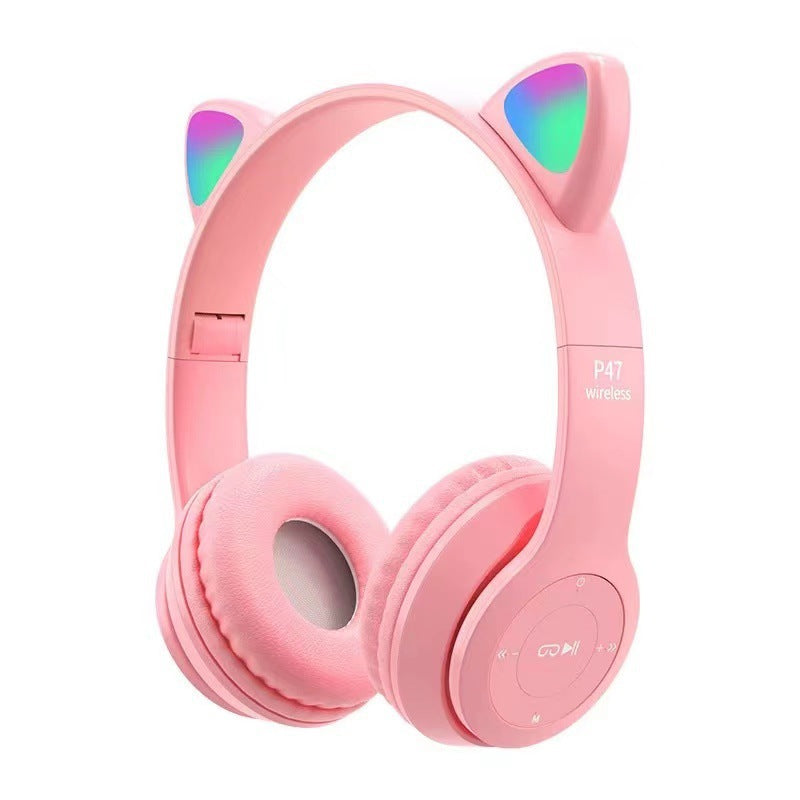 P47M Wireless Cat Ear Bluetooth Headphones with RGB LED lights, 3.5mm AUX Jack, TF Card Slot