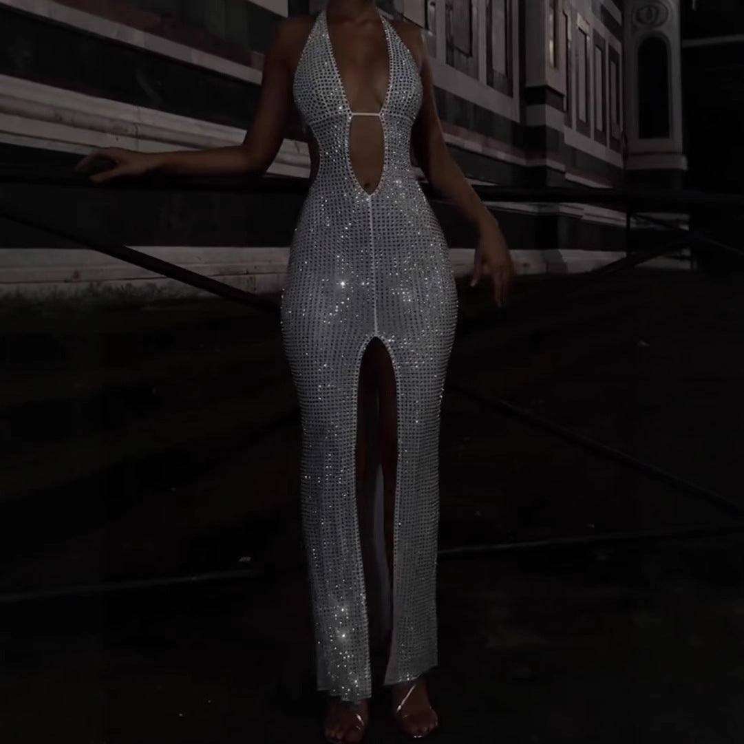 Sequined Front Slit Open Back Maxi Dress