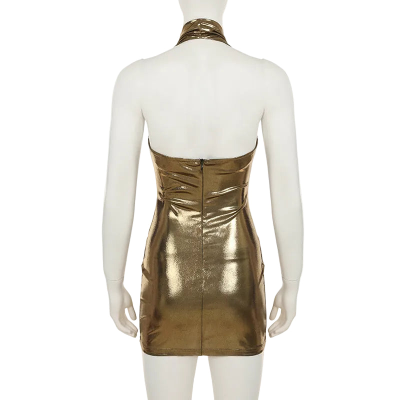 Cowl Neck Plunge Metallic Mini Dress