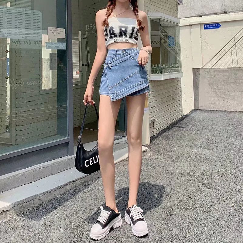 High-Waisted Asymmetrical Denim Shorts