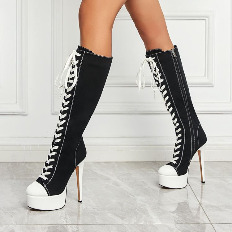 Canvas Stilettos Platform Knee-High Boots