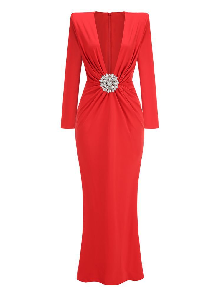 Deep V-Neck Long Sleeved Pleated Gown