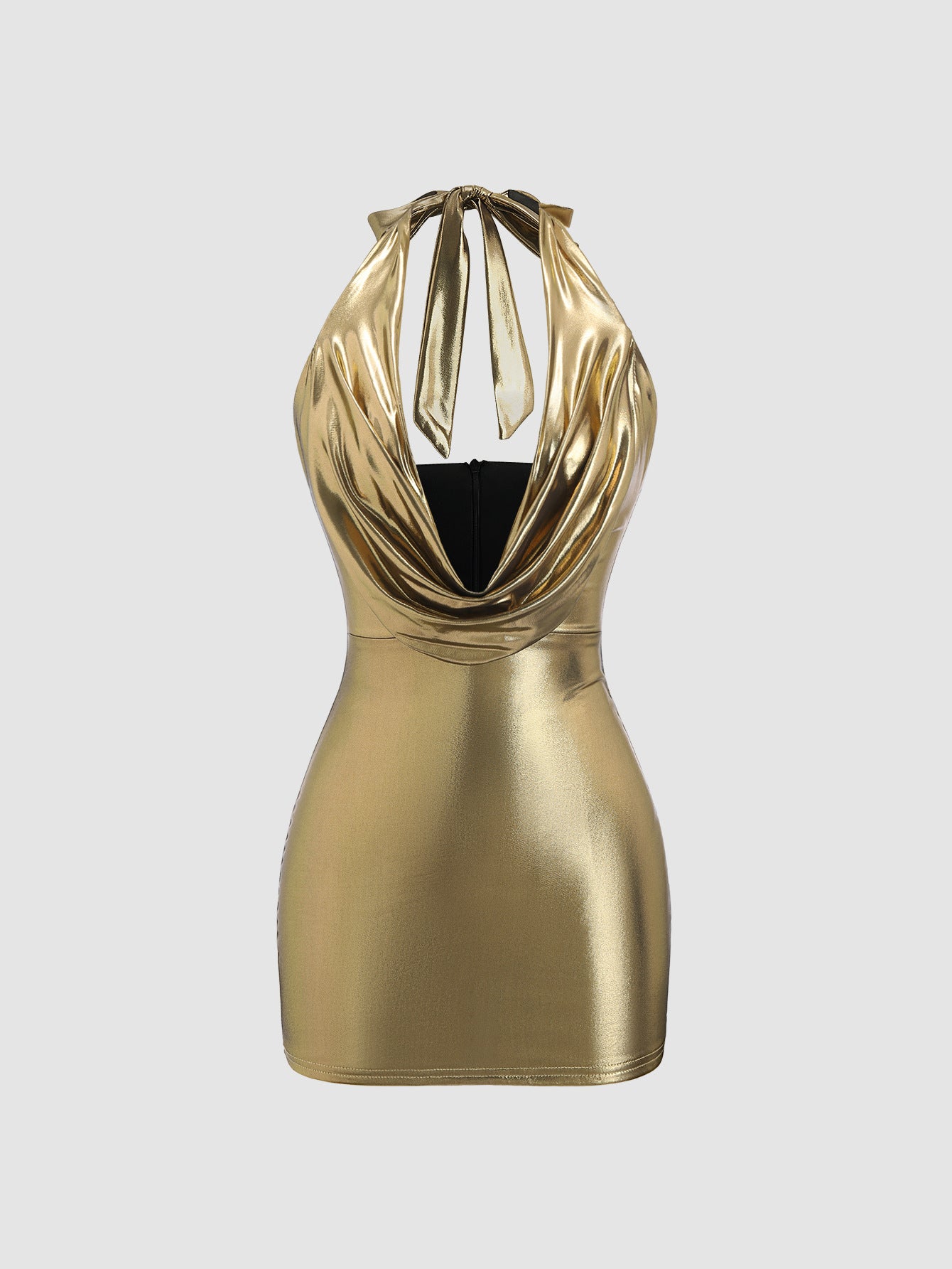 Gold Satin Effect Plunge Neck Halter Mini Dress