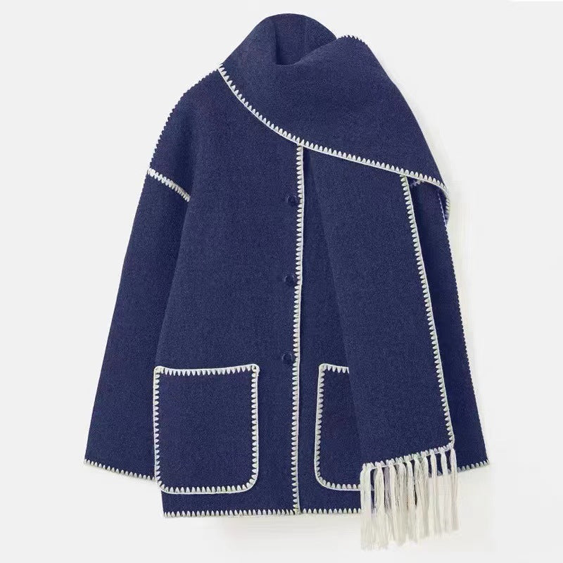 Draped Wool-Blend Coat with Fringed Scarf