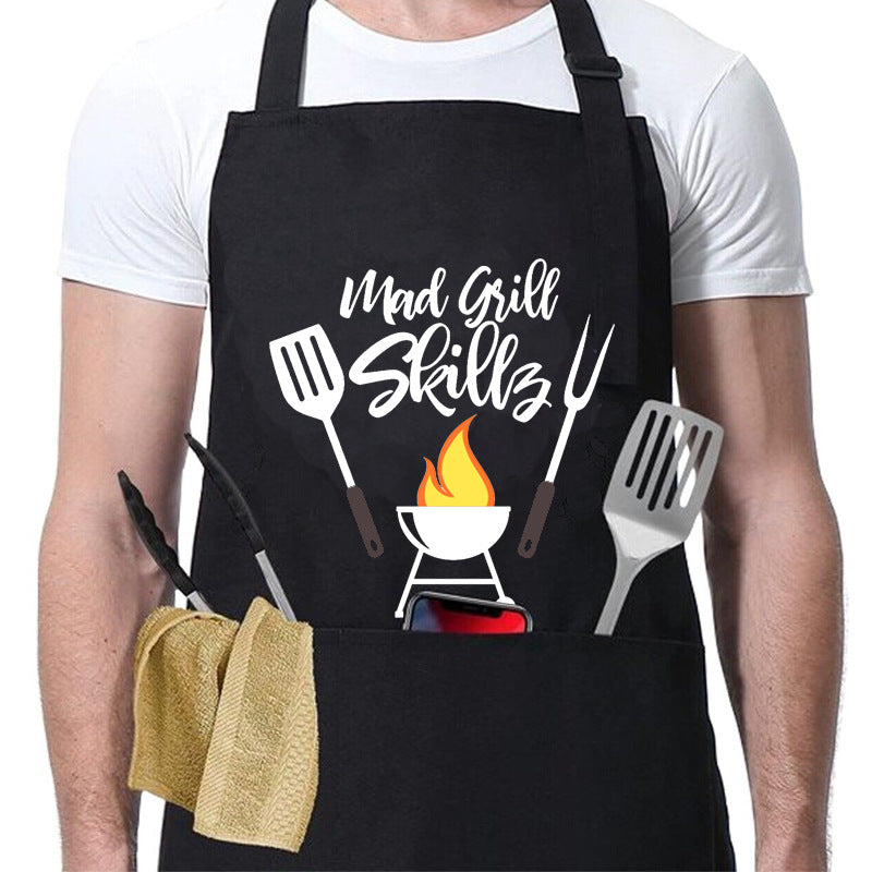 Kitchen BBQ Letter Print Apron with 3 Pockets and Adjustable Neck Strap, Water Resistant