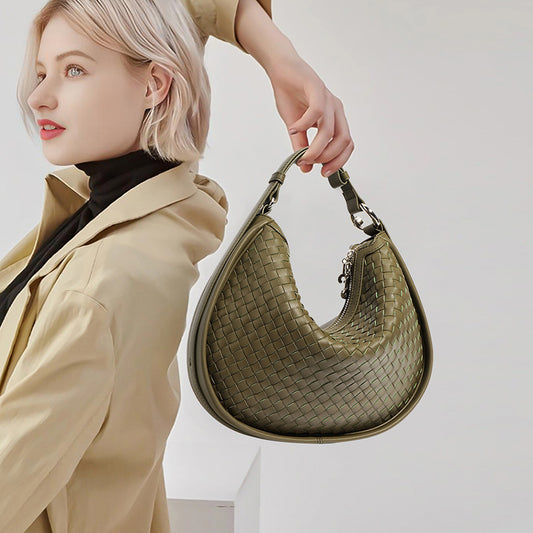 Half-Moon Handwoven Hobo Bag in Genuine Cowhide Leather