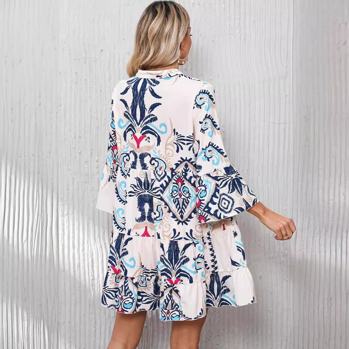 Stand Collar, Bell Sleeve Printed Midi Dress