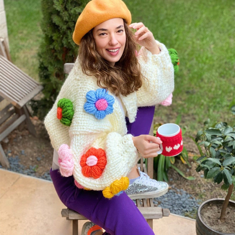 Chunky Knitted Floral Cardigan