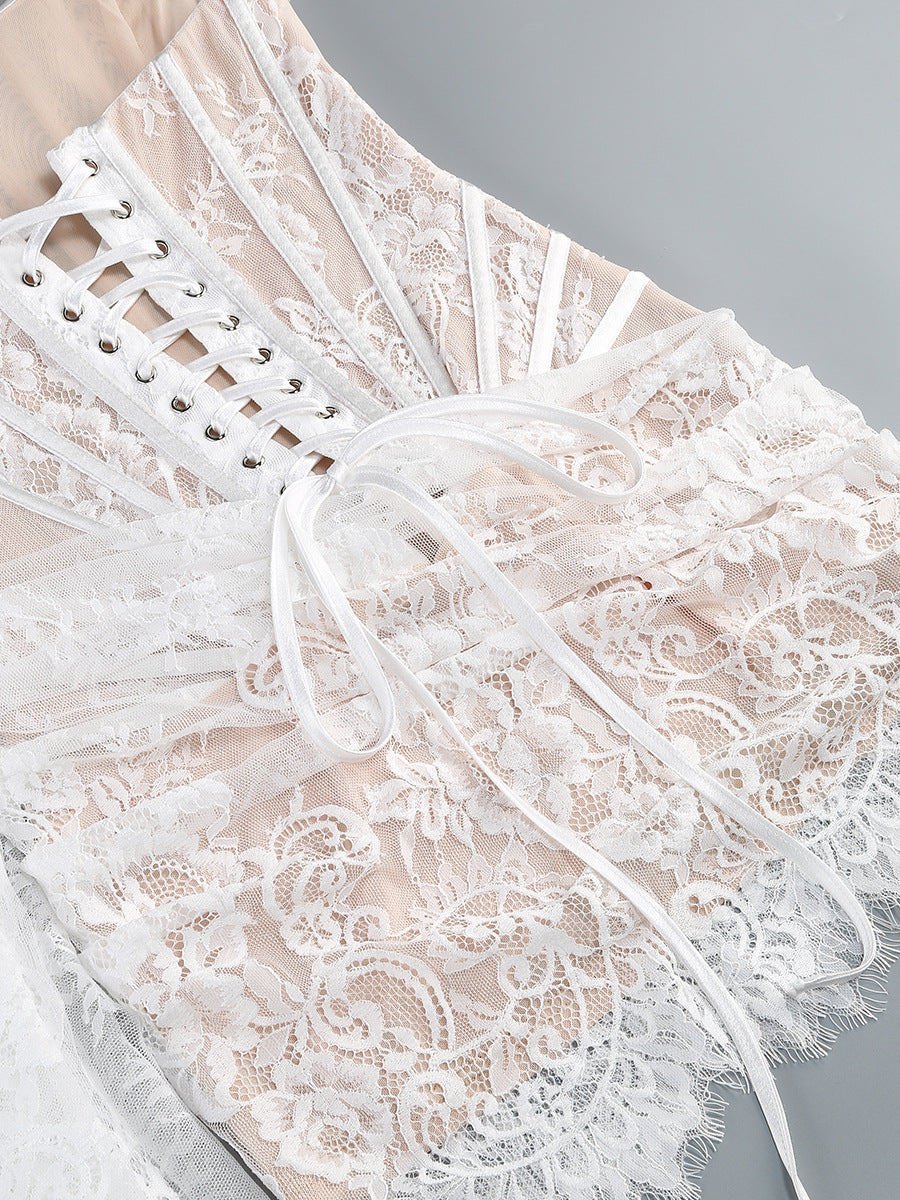 Strapless Lace Corset Bridal Gown with Sheer Skirt & Train