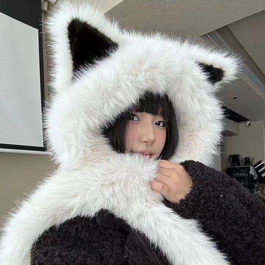 2-in-1 Cute Fox Ears Plush Warm Hat Scarf