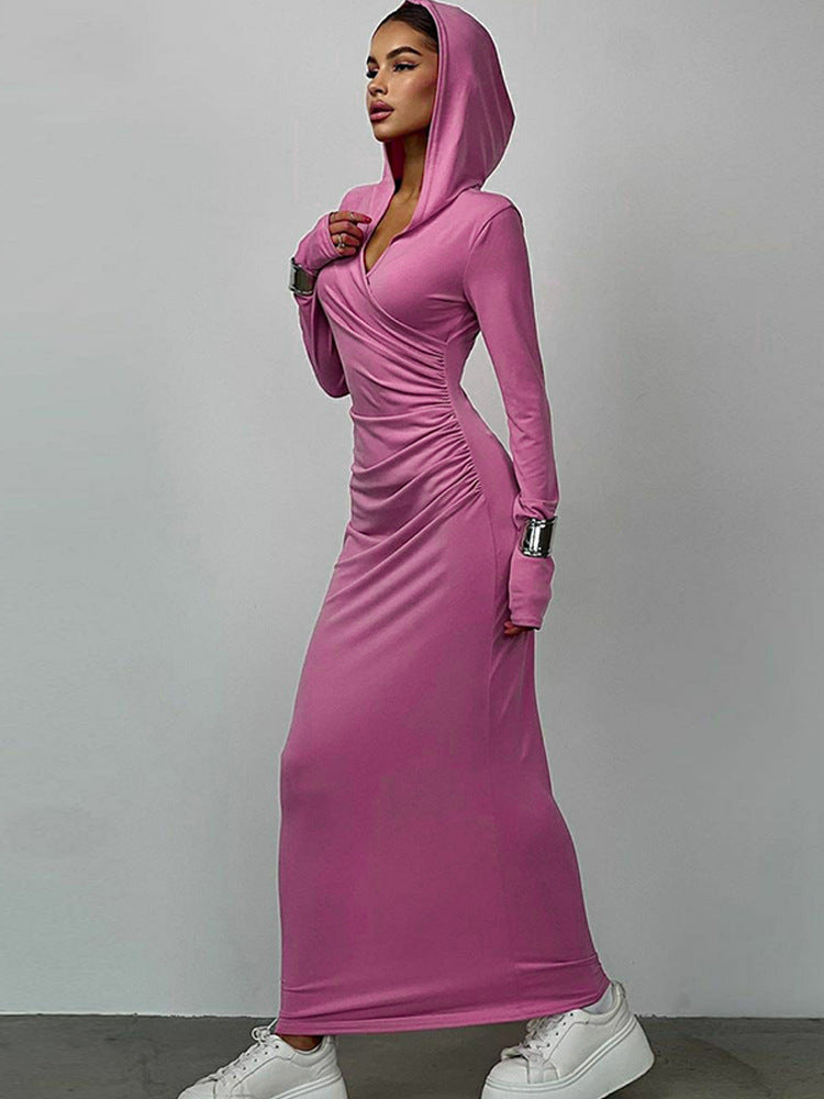 Solid Hooded  Long Sleeved Slim Maxi Dress