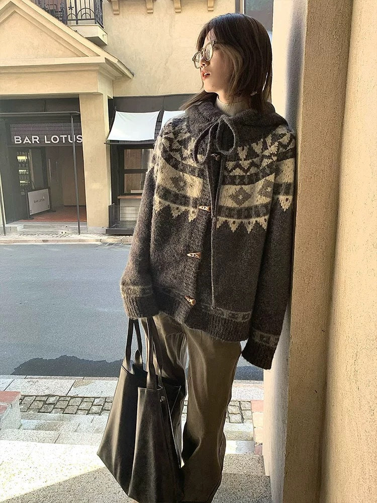 Fair Isle Knit Hooded Cardigan