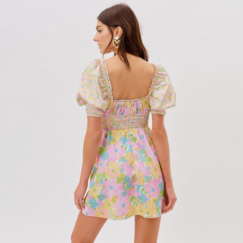 Floral Print Puff Sleeved Mini Dress