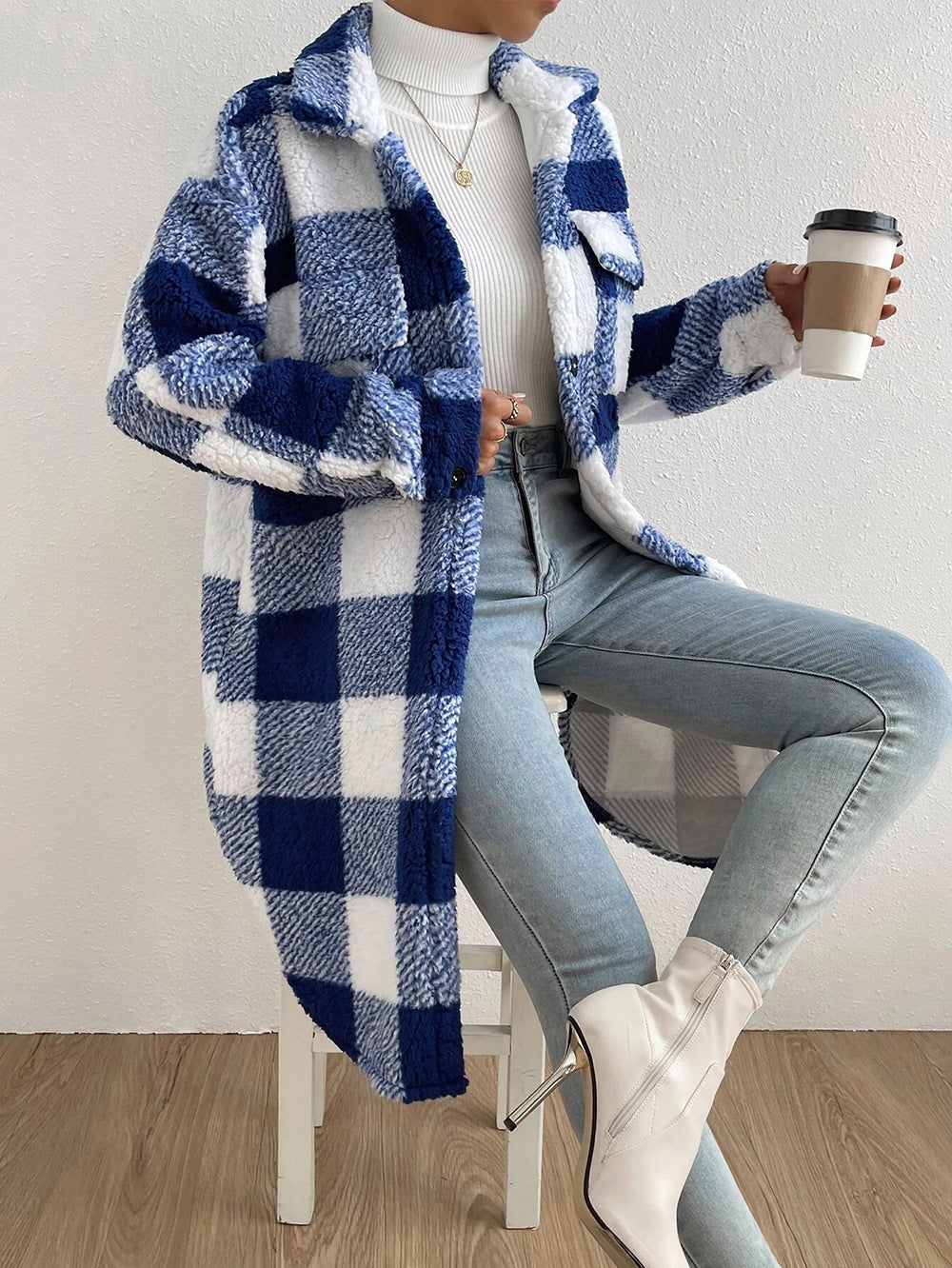 Open Button Lapel Plush Plaid Long Coat