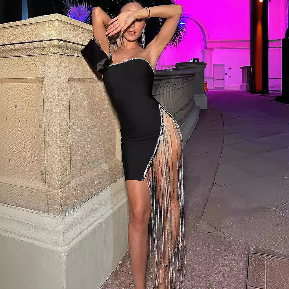 Thigh Slit Fringed Tube Mini Dress