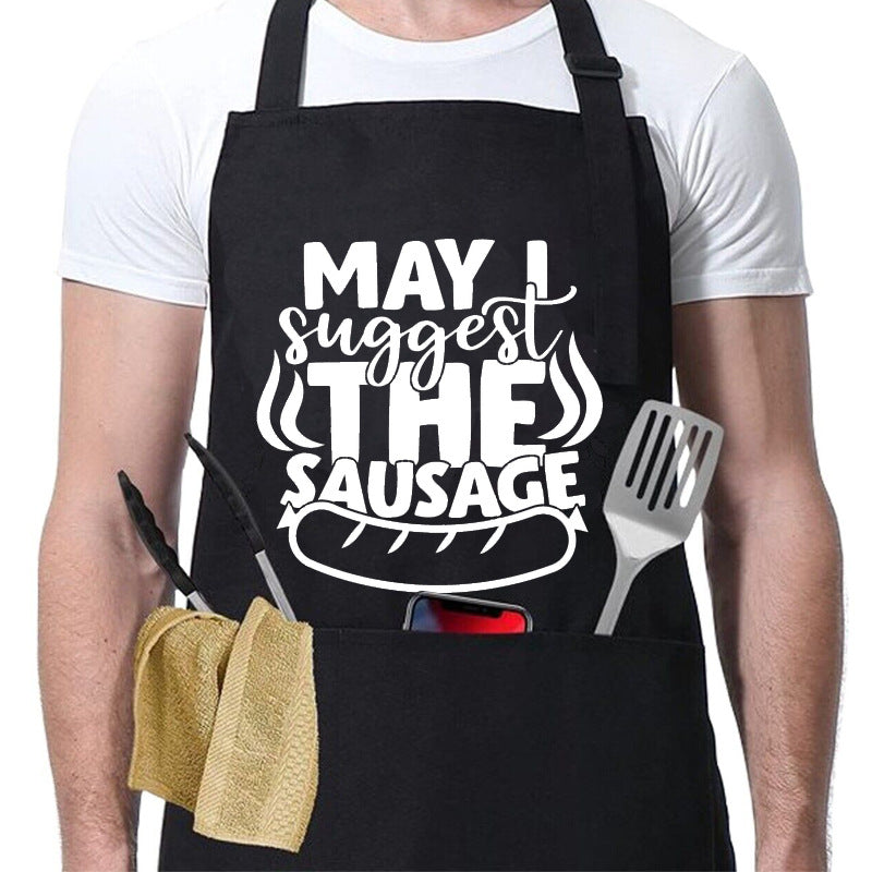 Kitchen BBQ Letter Print Apron with 3 Pockets and Adjustable Neck Strap, Water Resistant