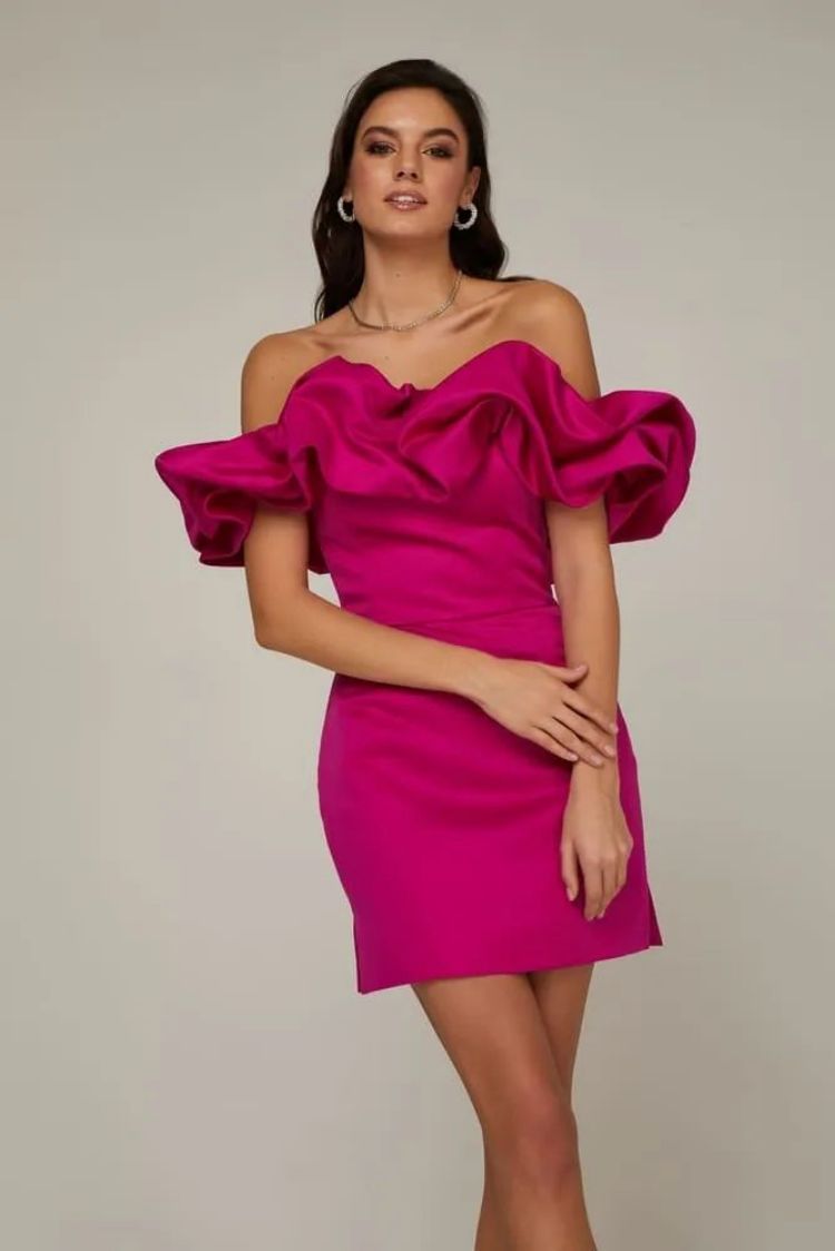 Satin Off-Shoulder Ruffle Mini Dress