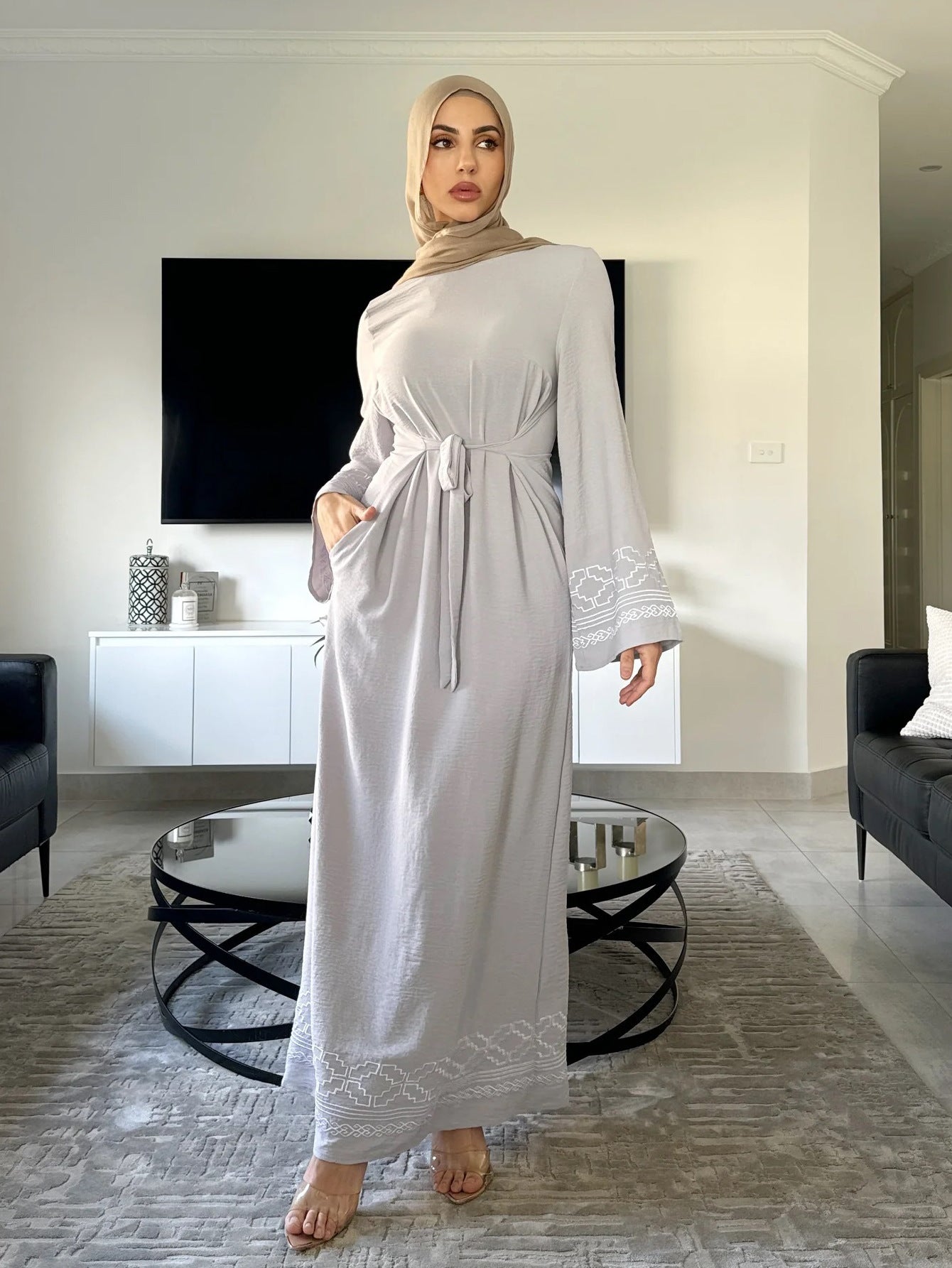 Flare-Sleeved Embroidered Abaya