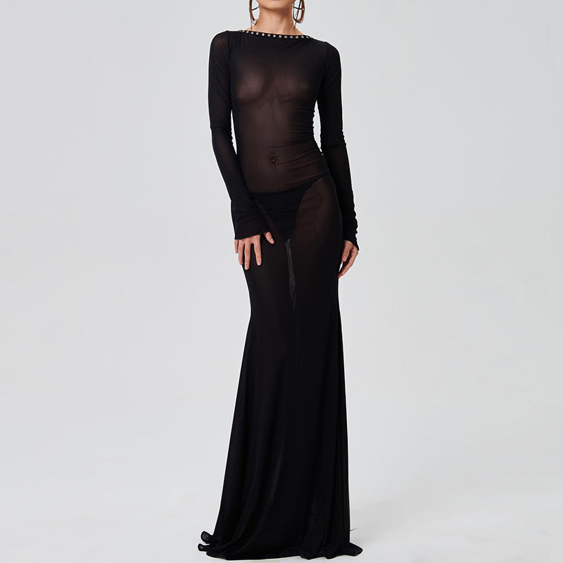 Tie-Up Open Back Mesh Sheer Maxi Dress