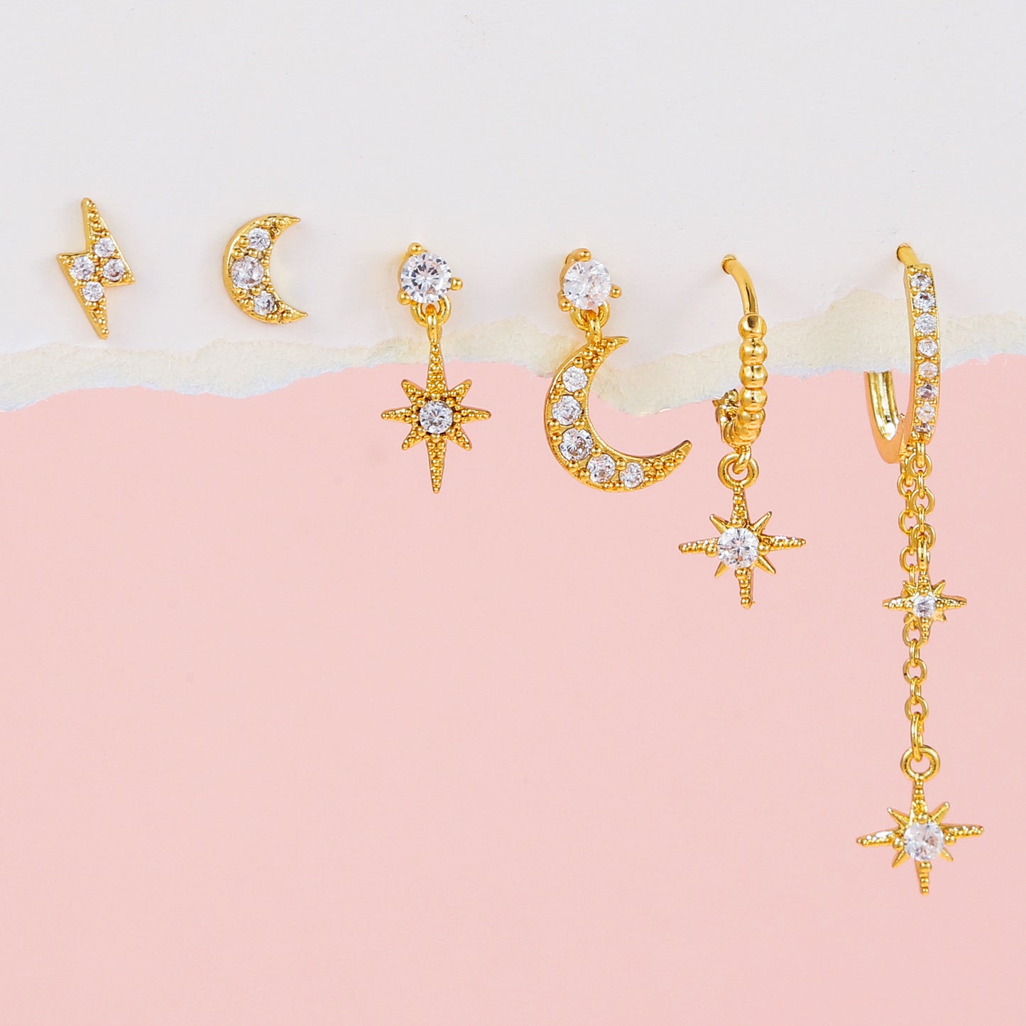 6Pcs 18k Gold Star-Moon Asymmetric Earrings Set