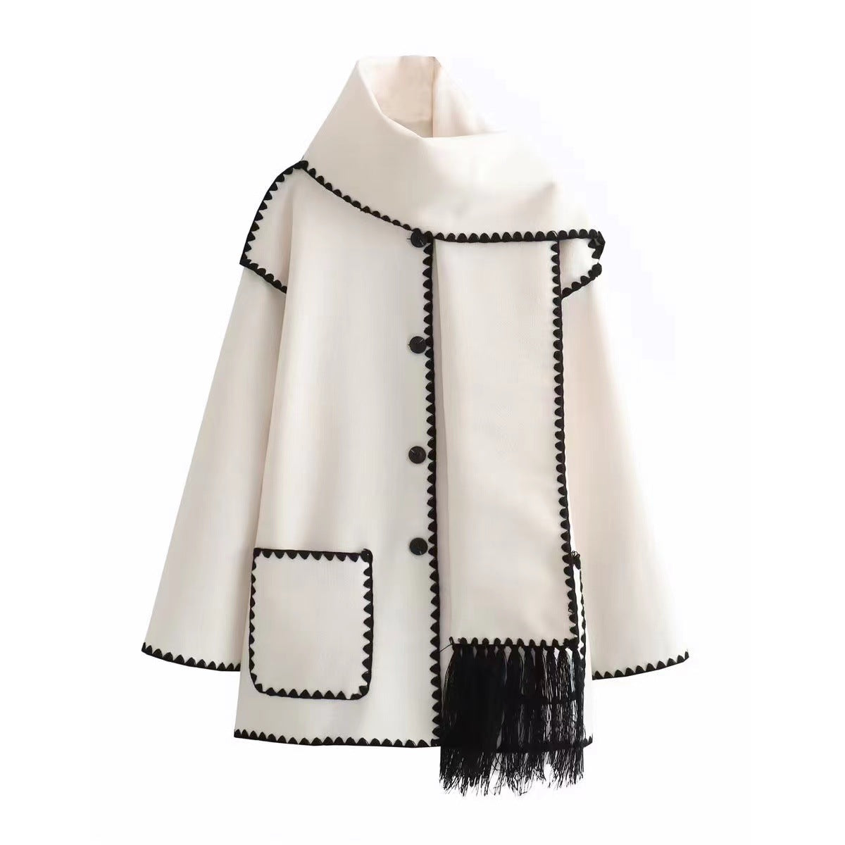 Draped Wool-Blend Coat with Fringed Scarf