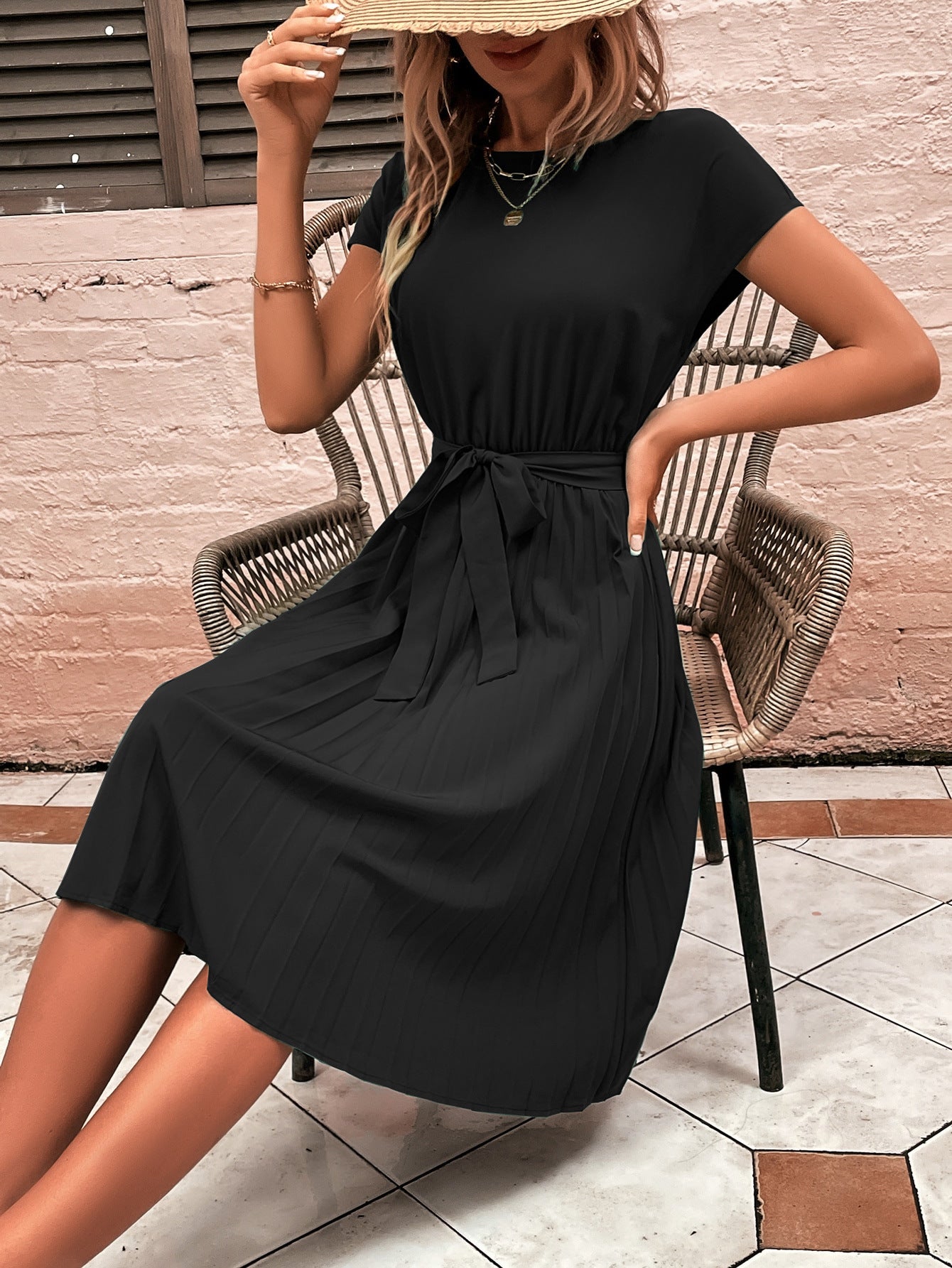 Solid Tie-Front Pleated Midi Dress