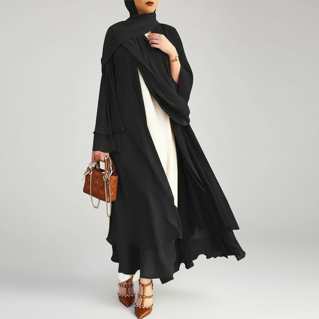 Stylish Open-Front Abaya with Ruffled Hem