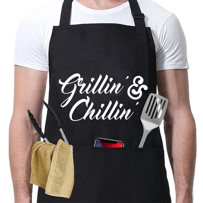 Kitchen BBQ Letter Print Apron with 3 Pockets and Adjustable Neck Strap, Water Resistant