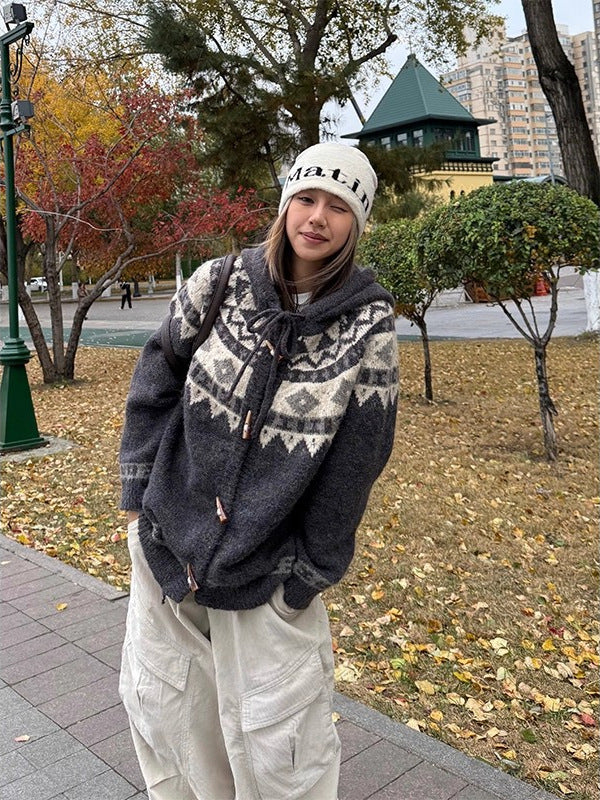 Fair Isle Knit Hooded Cardigan