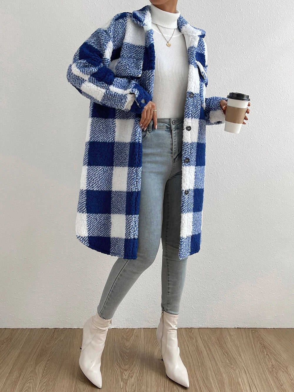 Open Button Lapel Plush Plaid Long Coat