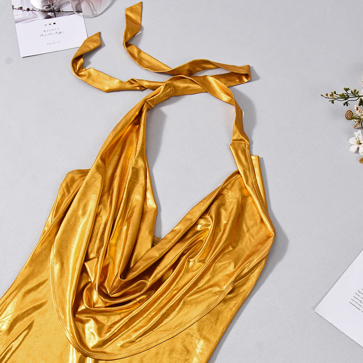 Cowl Neck Plunge Metallic Maxi Dress