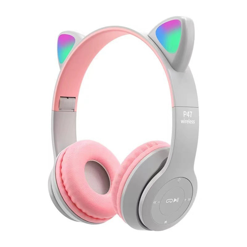 P47M Wireless Cat Ear Bluetooth Headphones with RGB LED lights, 3.5mm AUX Jack, TF Card Slot
