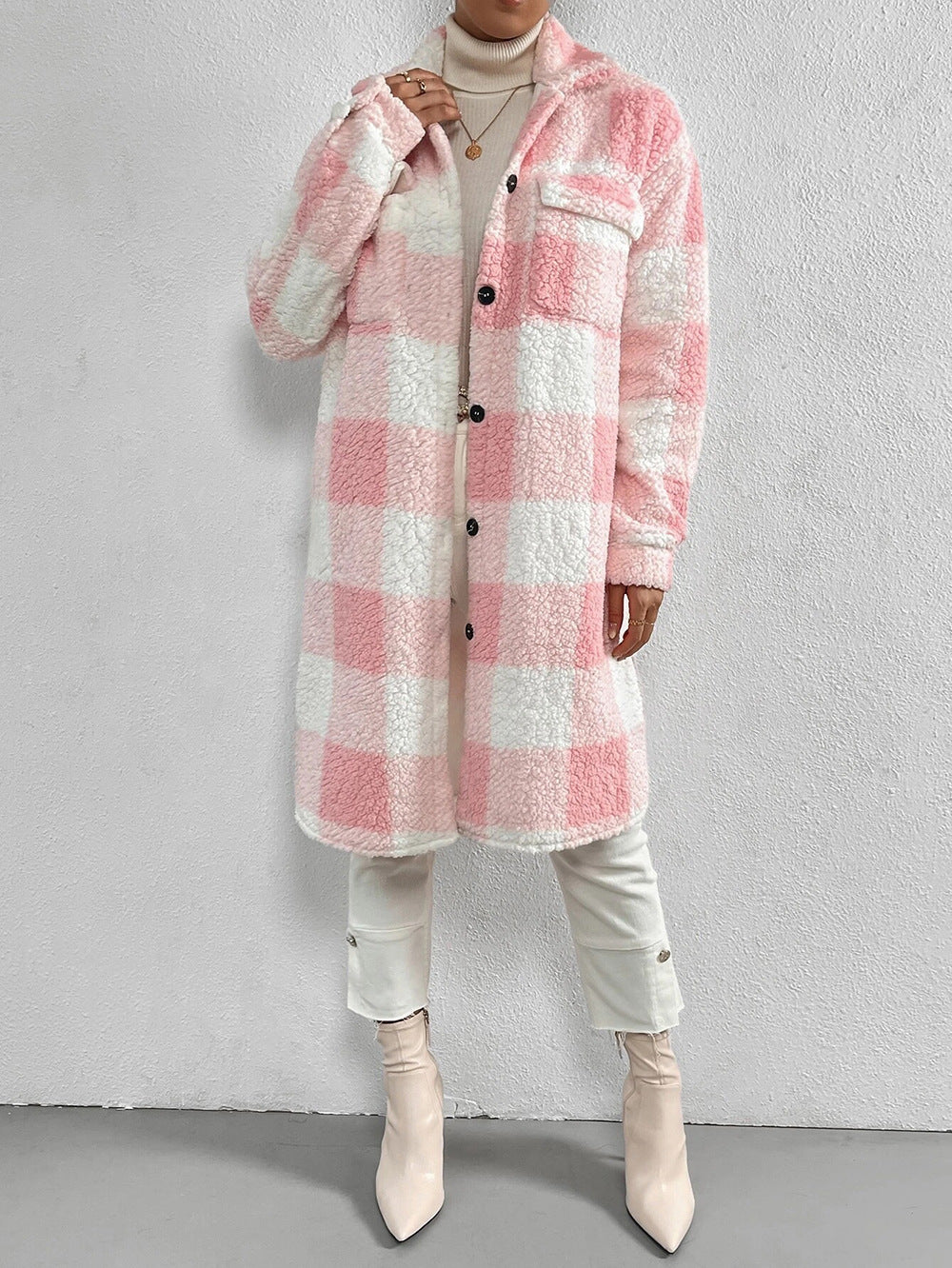 Open Button Lapel Plush Plaid Long Coat