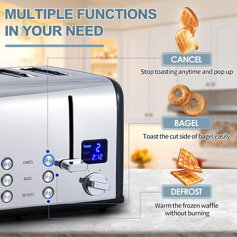 Stainless Steel 4-Slice Toaster, Intelligent LED with Timer Display