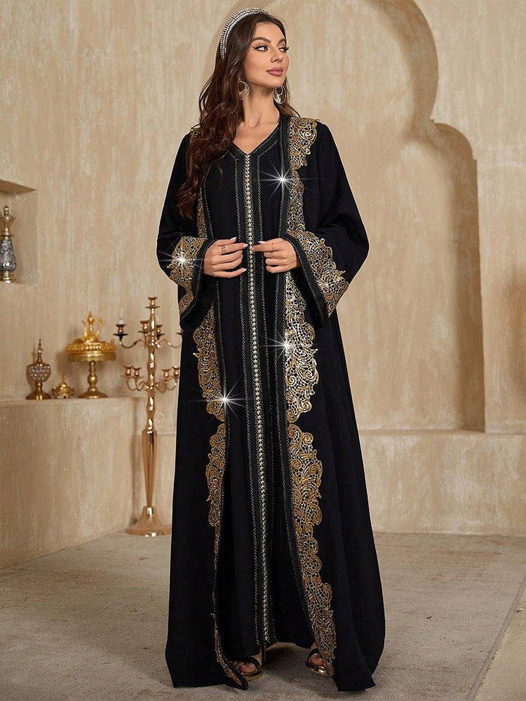 Two-Piece Gold Embroidered V-Neck Kaftan