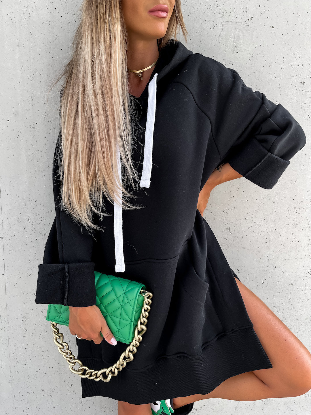 Long Side Slit Zip-Up Hoodie