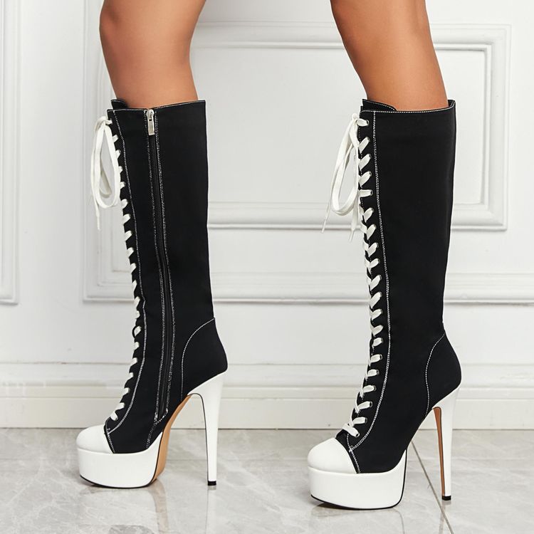 Canvas Stilettos Platform Knee-High Boots